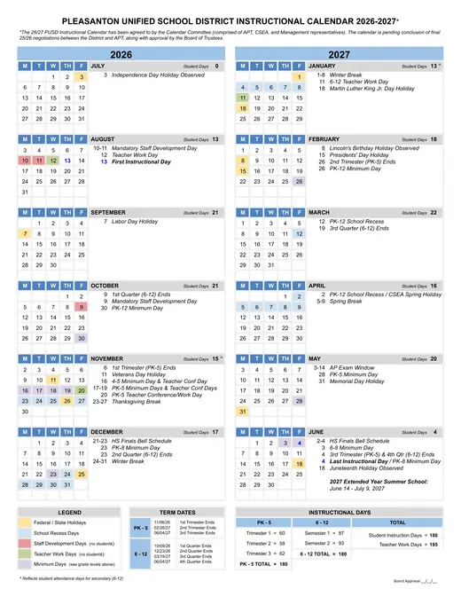 Pleasanton Unified School District 2026–2027 Academic Calendar