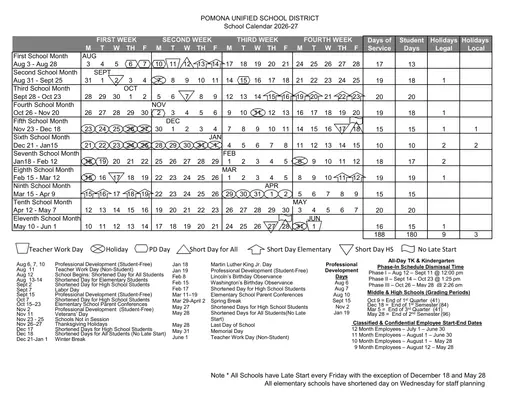Pomona Unified School District 2026–2027 Academic Calendar