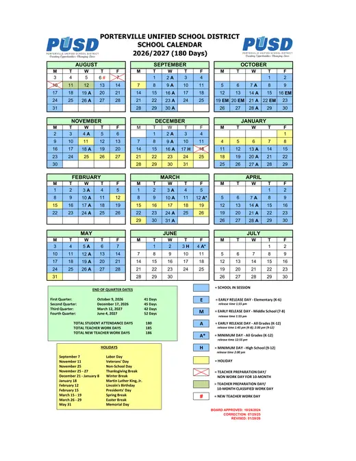 Porterville Unified School District 2026–2027 Academic Calendar