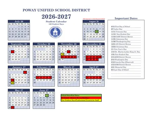 Poway Unified School District 2026–2027 Academic Calendar