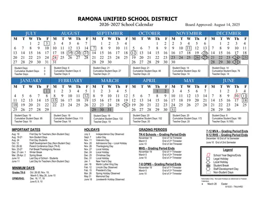 Ramona Unified School District 2026–2027 Academic Calendar