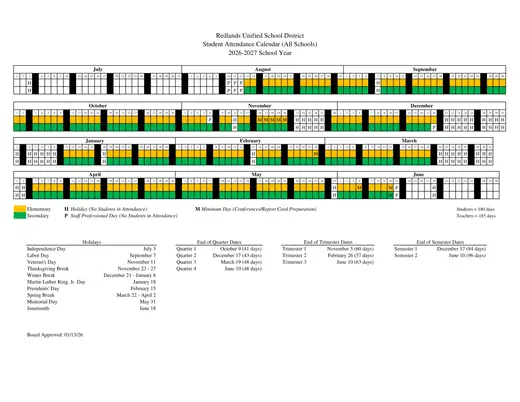 Redlands Unified School District 2026–2027 Academic Calendar
