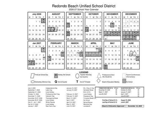 Redondo Beach Unified School District 2026–2027 Academic Calendar
