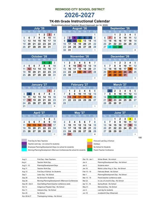 Redwood City School District RCSD 2026–2027 Academic Calendar