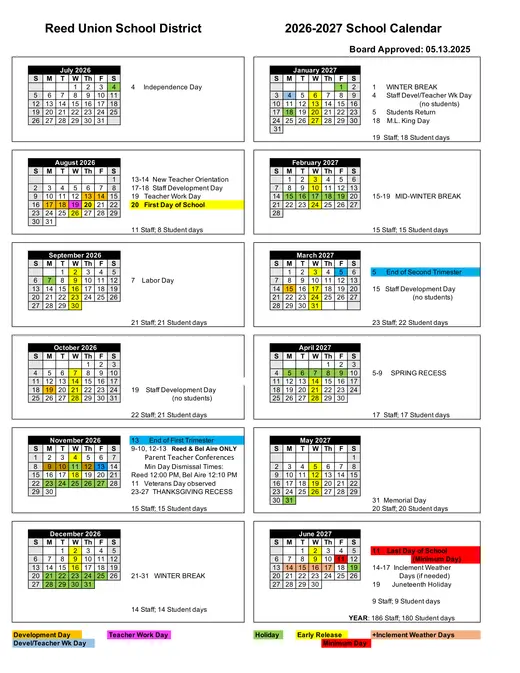 Reed Union School District 2026–2027 Academic Calendar