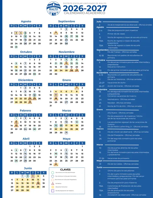 Rialto Unified School District 2026–2027 Academic Calendar Page 2