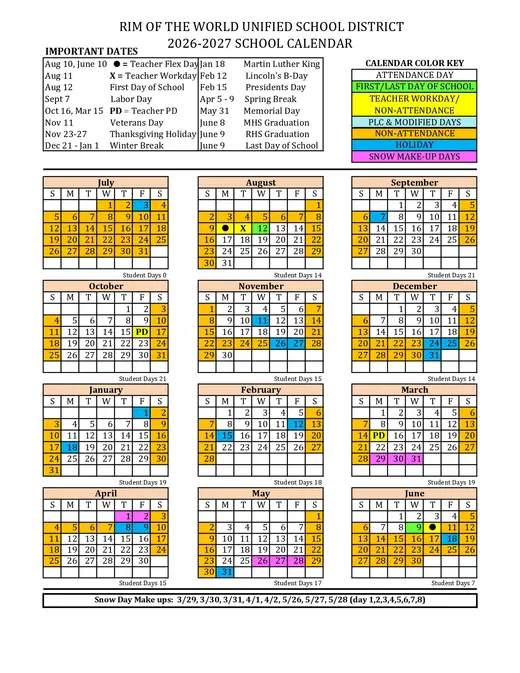 Rim of the World Unified School District 2026–2027 Academic Calendar