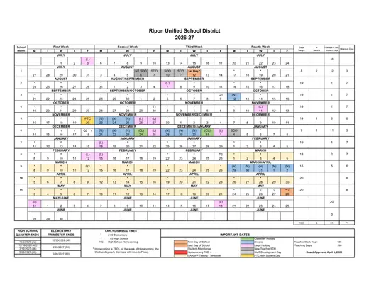Ripon Unified School District 2026–2027 Academic Calendar