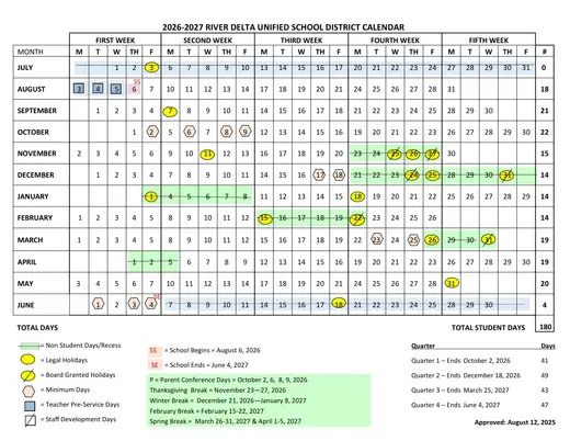 River Delta Unified School District 2026–2027 Academic Calendar