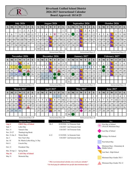 Riverbank Unified School District 2026–2027 Academic Calendar