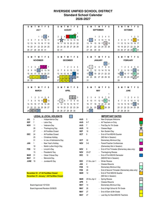 Riverside Unified School District 2026–2027 Academic Calendar