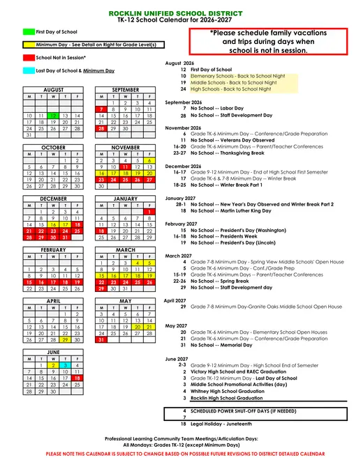 Rocklin Unified School District RUSD 2026–2027 Academic Calendar