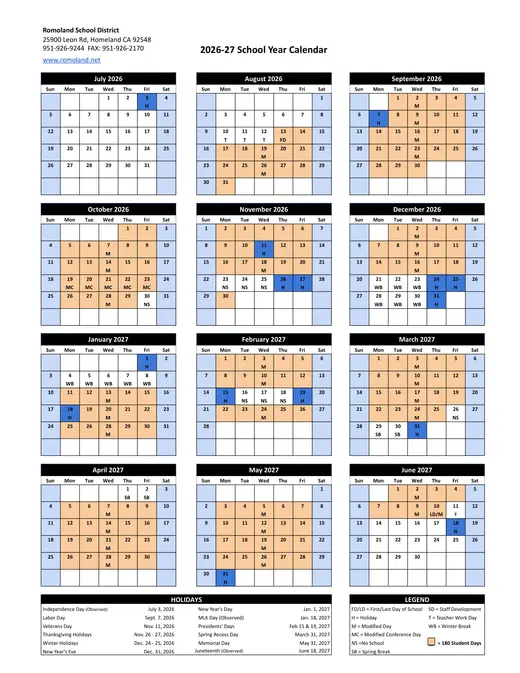Romoland School District 2026–2027 Academic Calendar