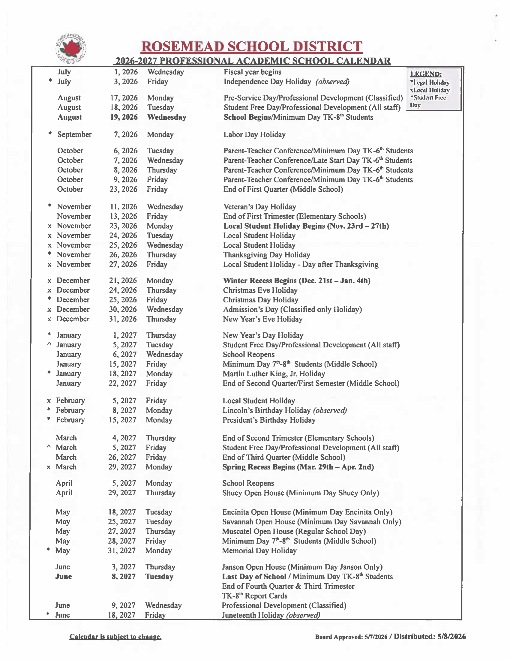 Rosemead School District 2026–2027 Academic Calendar Page 2