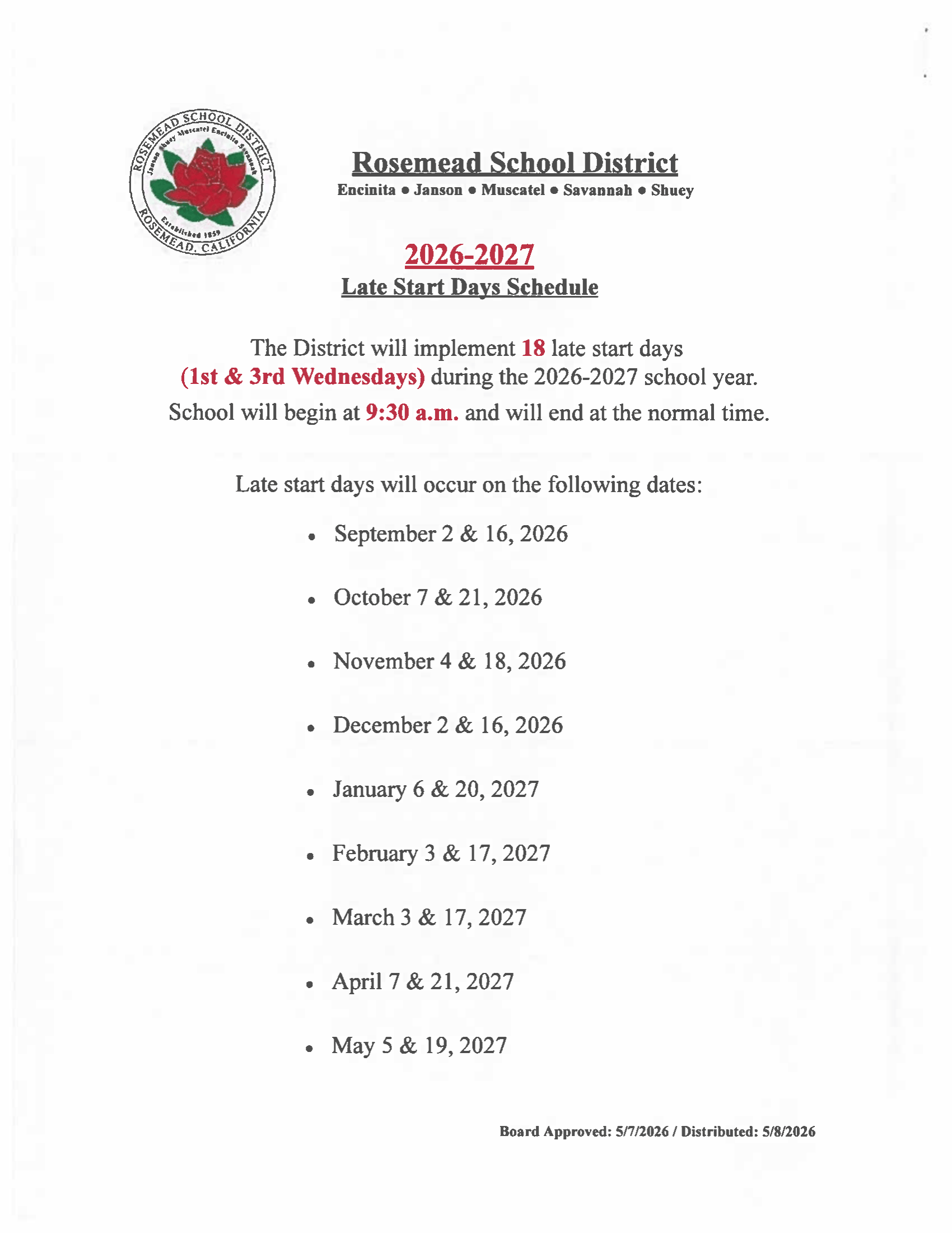 Rosemead School District 2026–2027 Academic Calendar Page 3