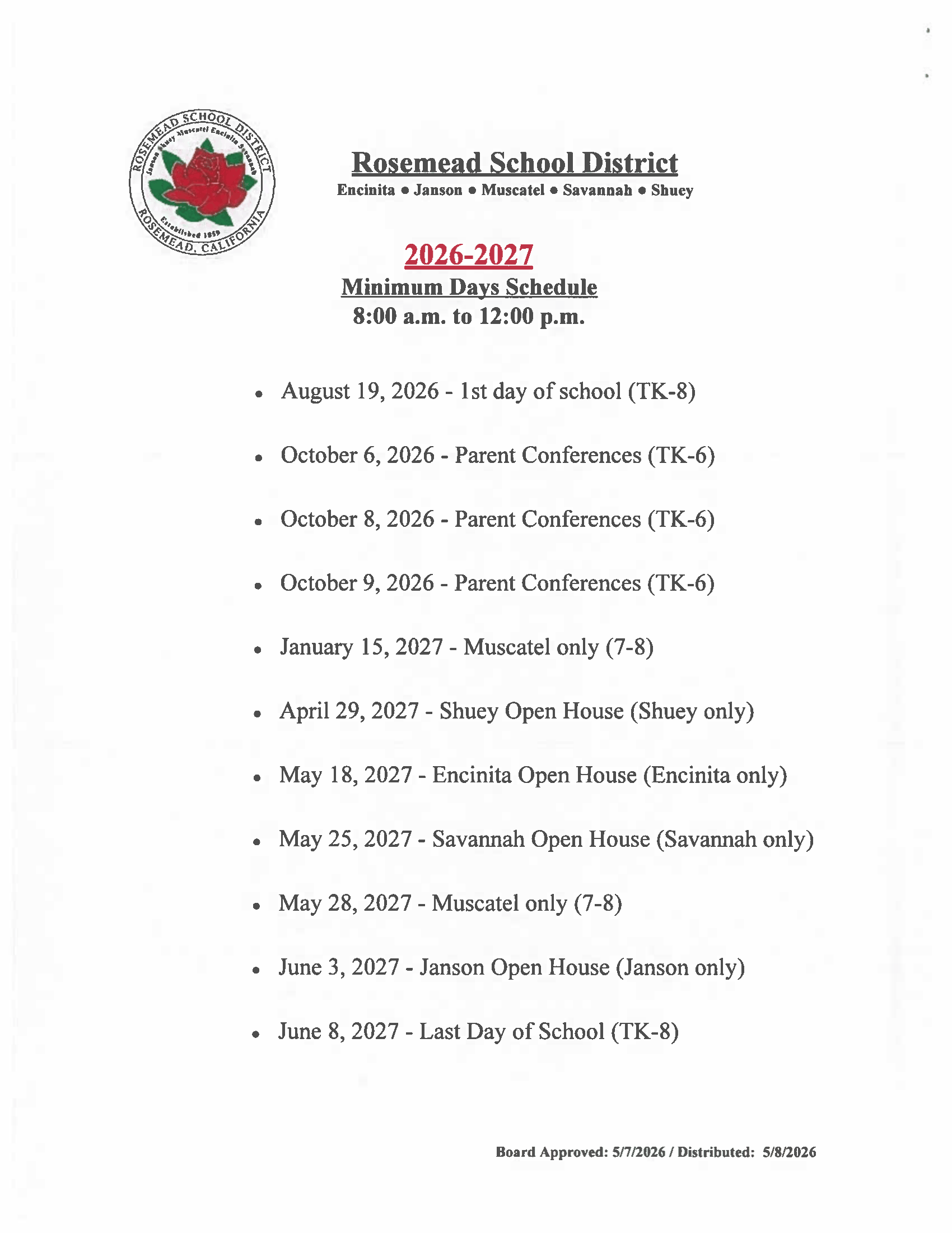 Rosemead School District 2026–2027 Academic Calendar Page 4