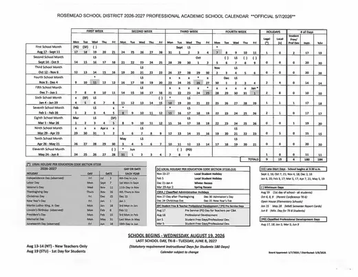 Rosemead School District 2026–2027 Academic Calendar Page 1