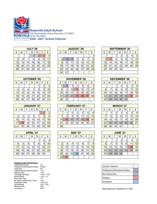 Roseville Adult School RAS 2026–2027 Academic Calendar