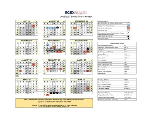 Roseville City School District RCSD 2026–2027 Academic Calendar