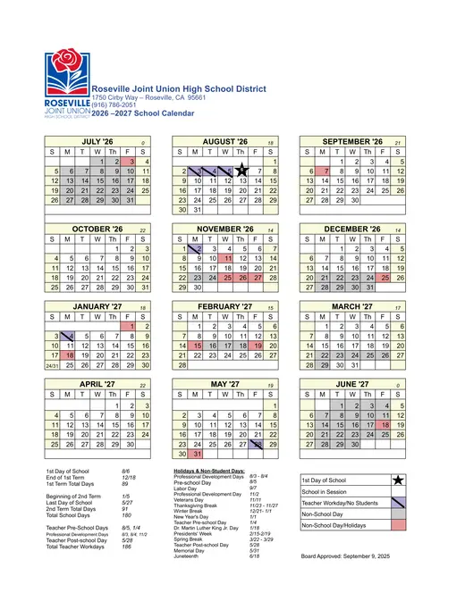 Roseville Joint Union High School District RJUHSD 2026–2027 Academic Calendar