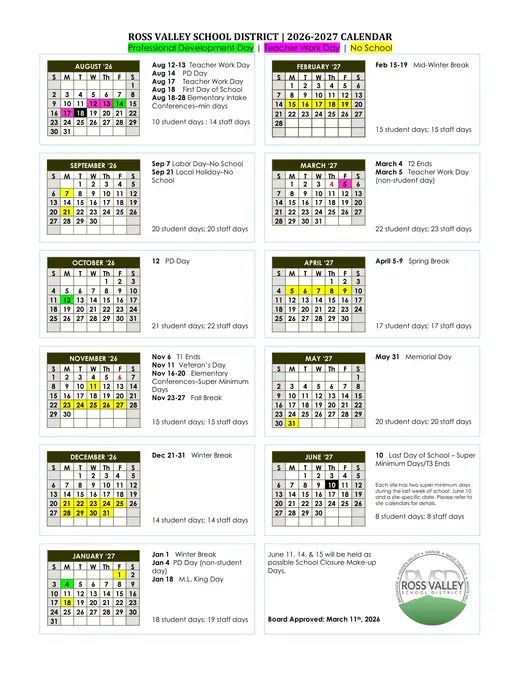Ross Valley School District RVSD 2026–2027 Academic Calendar