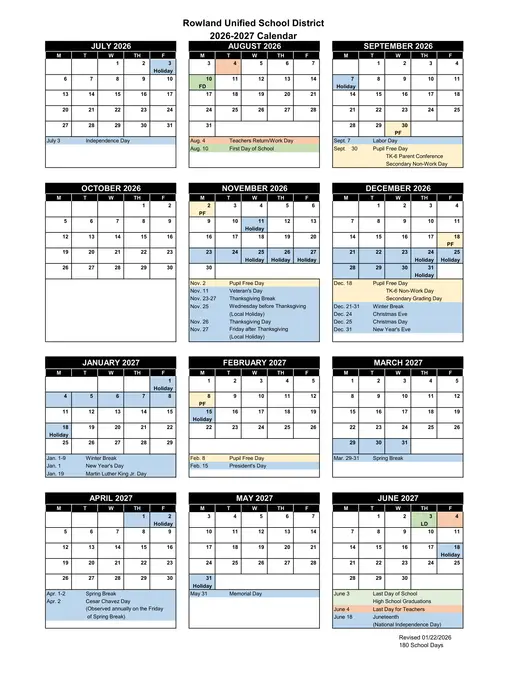Rowland Unified School District 2026–2027 Academic Calendar
