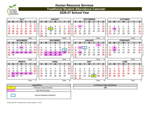 Sacramento City Unified School District 2026–2027 Academic Calendar