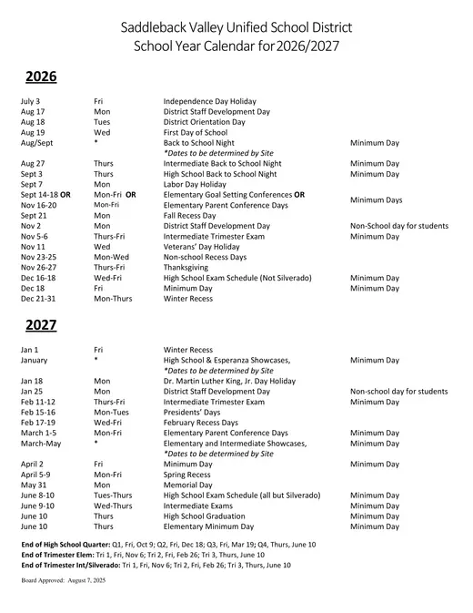Saddleback Valley Unified School District 2026–2027 Academic Calendar