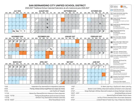 San Bernardino City Unified School District 2026–2027 Academic Calendar