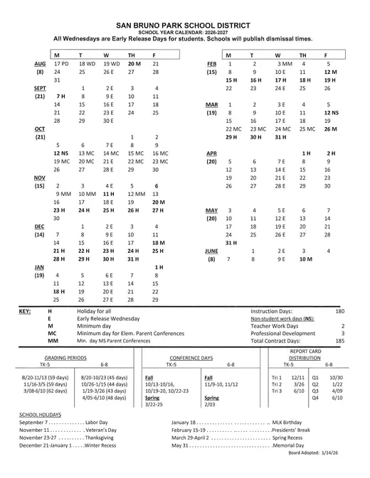 San Bruno Park School District SBPSD 2026–2027 Academic Calendar