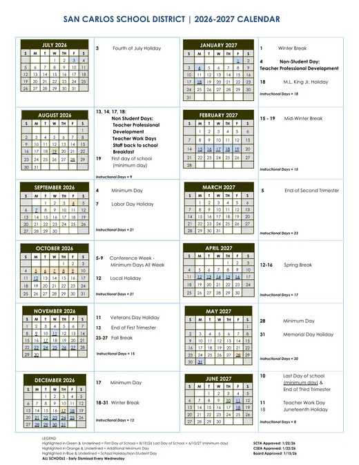 San Carlos School District SCSD 2026–2027 Academic Calendar