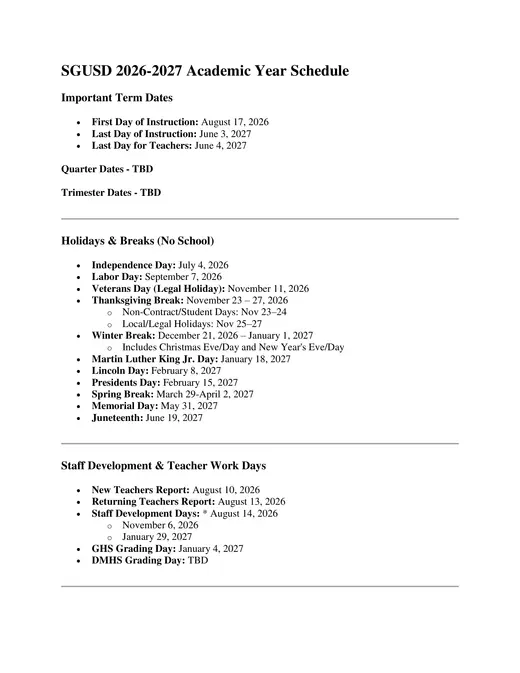 San Gabriel Unified School District 2026–2027 Academic Calendar
