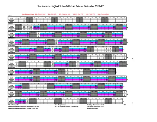 San Jacinto Unified School District 2026–2027 Academic Calendar
