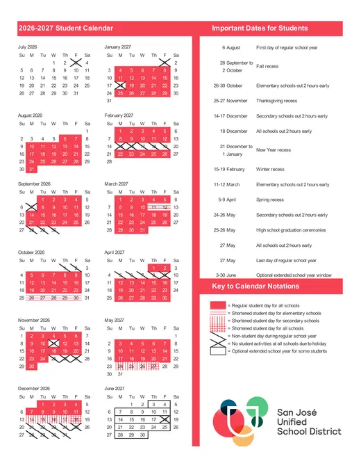 San José Unified School District 2026–2027 Academic Calendar