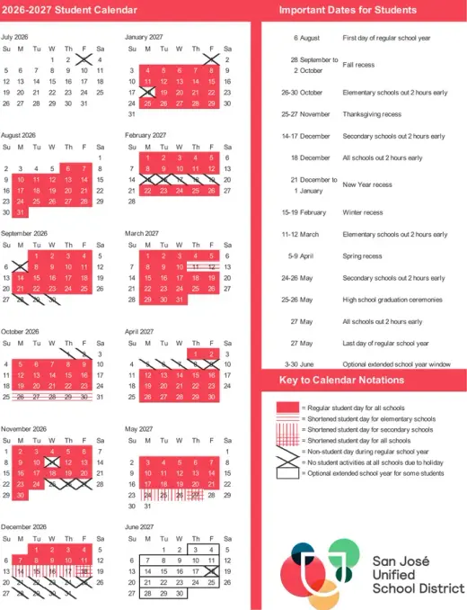 San José Unified School District 2026-2027 Academic Calendar