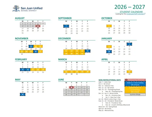 San Juan Unified School District 2026–2027 Academic Calendar