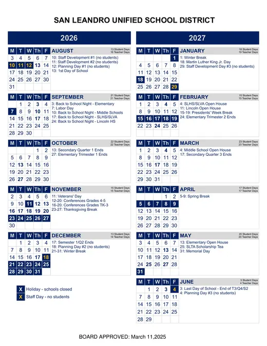 San Leandro Unified School District 2026–2027 Academic Calendar