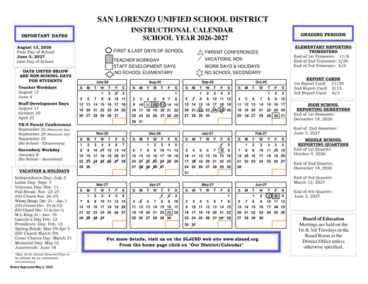 San Lorenzo Unified School District 2026–2027 Academic Calendar Page 1