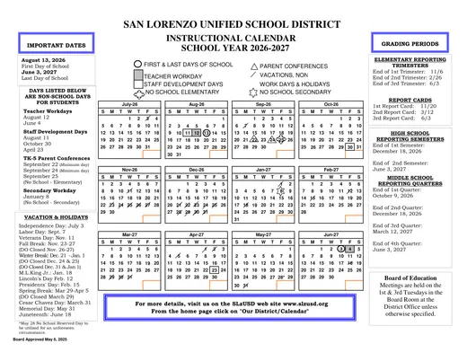San Lorenzo Unified School District 2026–2027 Academic Calendar Page 2
