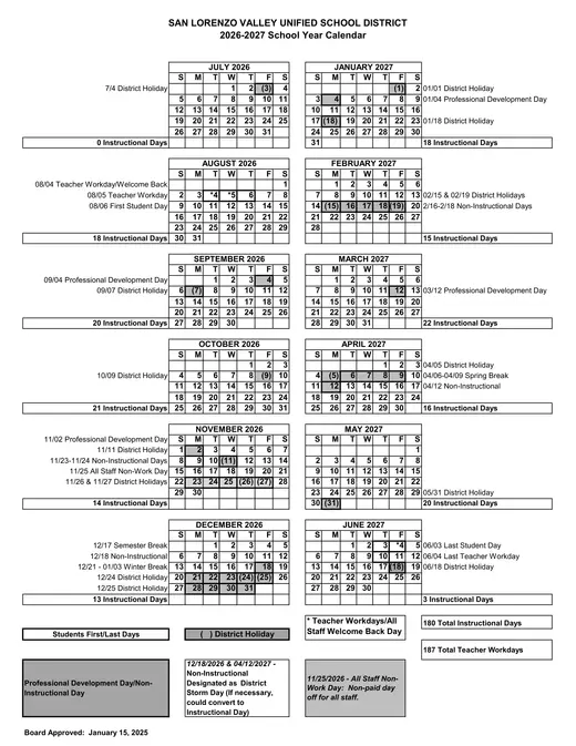 San Lorenzo Valley Unified School District SLVUSD 2026–2027 Academic Calendar