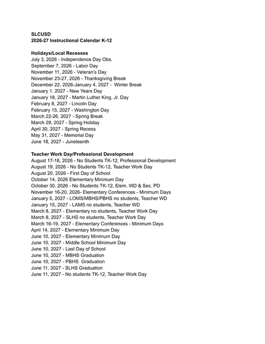 San Luis Coastal Unified School District SLCUSD 2026–2027 Academic Calendar