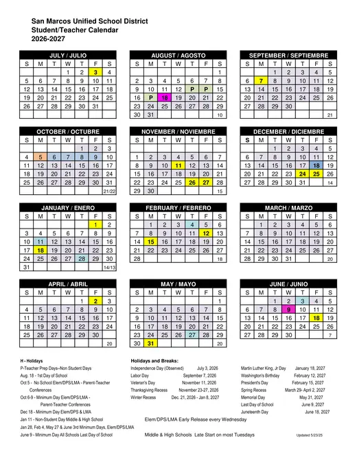 San Marcos Unified School District 2026–2027 Academic Calendar