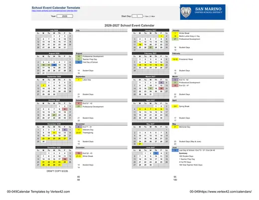 San Marino Unified School District 2026–2027 Academic Calendar