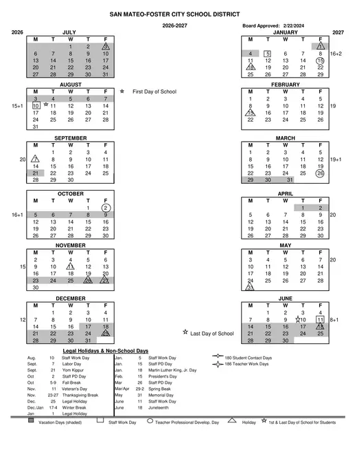 San Mateo-Foster City School District SMFCSD 2026–2027 Academic Calendar