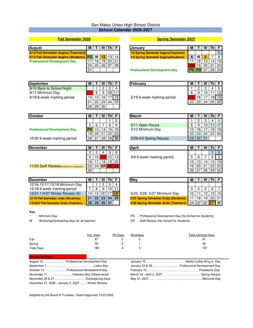 San Mateo Union High School District SMUHSD 2026–2027 Academic Calendar