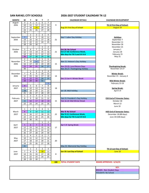 San Rafael City Schools SRCS 2026–2027 Academic Calendar