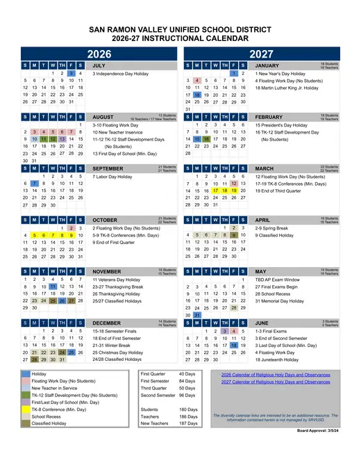 San Ramon Valley Unified School District 2026–2027 Academic Calendar