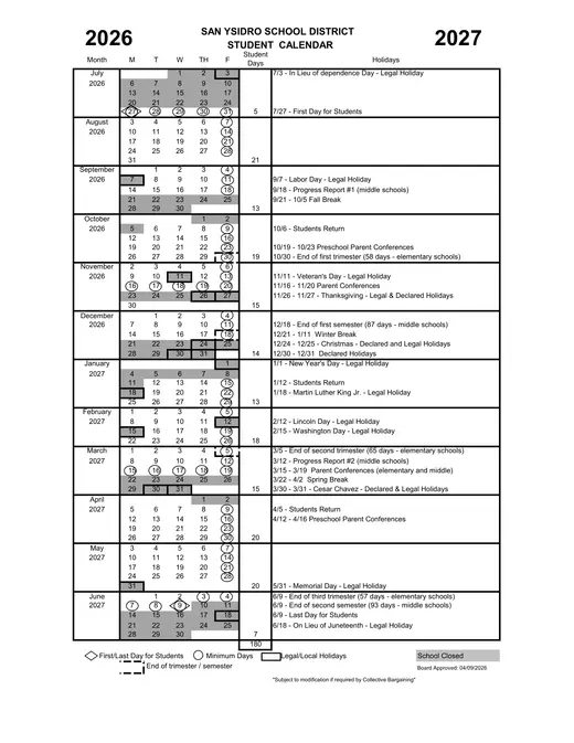 San Ysidro School District 2026–2027 Academic Calendar