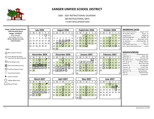 Sanger Unified School District 2026–2027 Academic Calendar Page 1