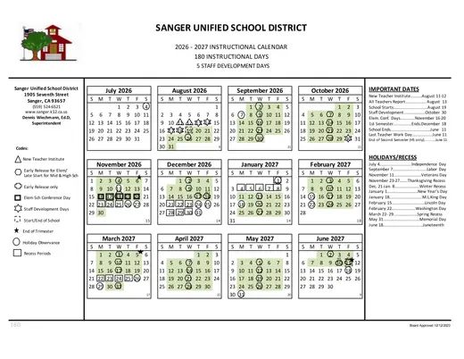Sanger Unified School District 2026–2027 Academic Calendar Page 2